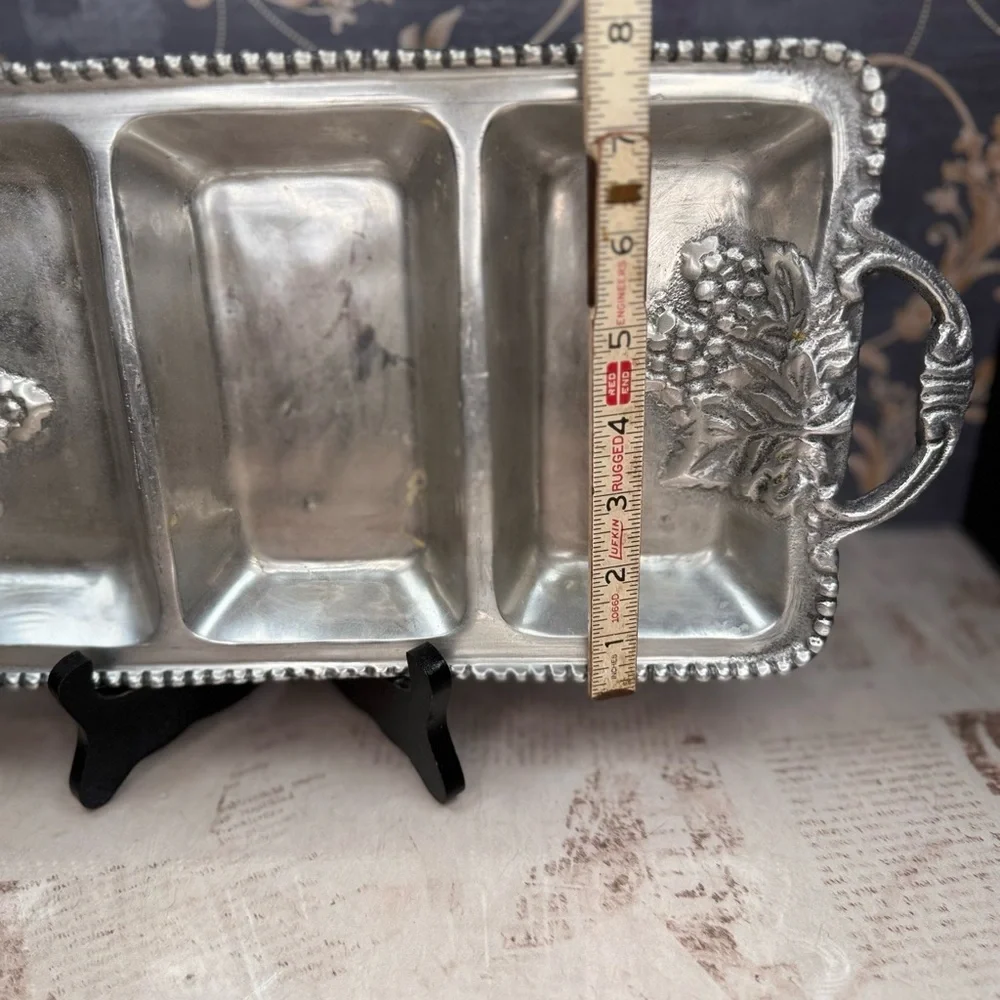Vintage Pewter 3 Section Relish Tray Heavy Ornate Serving Dish Handles